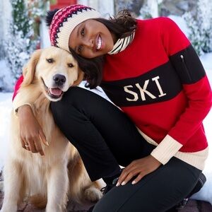 TALBOTS COLORBLOCK RIBBED APRES SKI CREW NECK HOLIDAY WINTER RED CHALET SWEATER